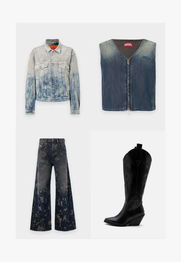 Lyseblå acid-vasket denimjakke med knaplukning, to brystlommer med klapper, krave og lange ærmer på hvid baggrund.; Denimvest med V-hals og lynlås foran, med ribbet tekstur ved kraven og en logoemblem på venstre side.; Mørkeblå vide bukser i jeans med en slidt, syrevaske-overflade og klassisk fem-lommerdesign.; Sort læder cowboystøvle med spidst tåparti, skråt blokhælhæl, dekorative sømme og trækstropper øverst mod hvid baggrund.