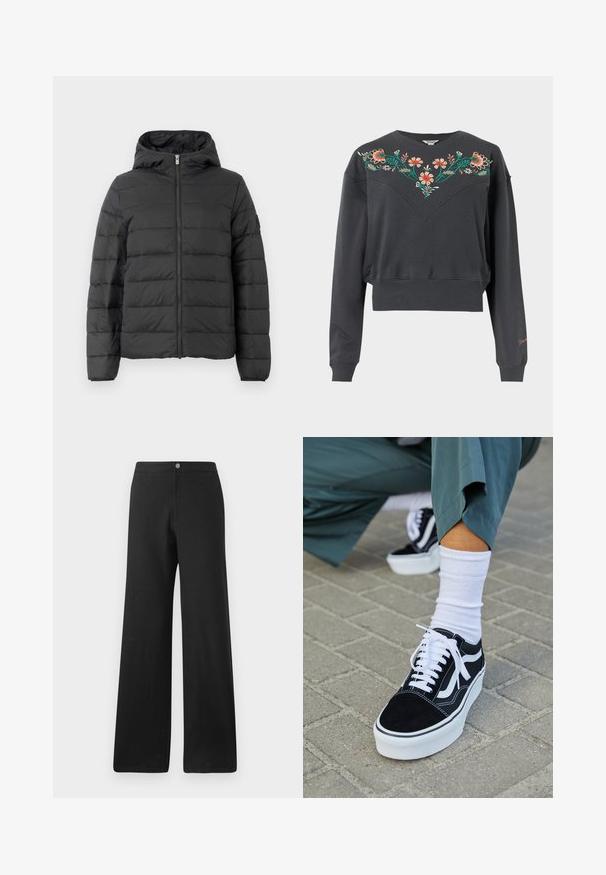 Chaqueta acolchada negra con capucha, que presenta un cierre frontal, un diseño acolchado horizontal y puños elásticos. Textura suave y material ligero.; Sudadera corta de manga larga en gris oscuro con puños y bajo acanalados, con bordados florales coloridos en el pecho y los hombros.; Pantalones de pierna ancha negros, hechos de una tela suave, con un cierre frontal de botón, líneas limpias y un diseño minimalista sin patrones.; Zapatillas de ante negro con acentos y cordones blancos, que cuentan con una gruesa suela blanca y costuras en contraste, combinadas con un calcetín blanco.