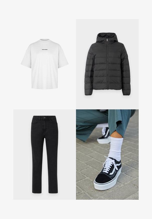 Sort pufferjakke med hætte, med en frontlynlås, horisontalt quiltet design og elastiske manchetter. Glat tekstur og let materiale.; Hvid bomulds t-shirt med høj rund hals og korte ærmer. Har "PEGADOR" trykt i sort centralt på brystet.; Højtsiddende sorte straight-leg jeans med frontal knaplukning, bæltestropper og design med fem lommer på hvid baggrund.; Sorte ruskinds sneakers med hvide accenter og snørebånd, der har en tyk hvid sål og kontrasterende syninger, parret med en hvid sok.