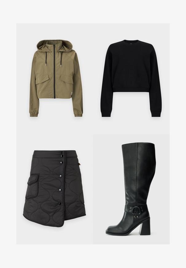 Chaqueta corta verde oliva con capucha, cordones negros, cremallera frontal, bolsillos con solapa y puños elásticos sobre fondo blanco.; Sudadera corta negra de manga larga con cuello redondo, puños y dobladillo acanalados, mostrada sobre un fondo liso gris claro.; Falda negra acolchada con un dobladillo asimétrico, que presenta cinco botones oscuros y un bolsillo lateral con detalle de solapa redondeada.; Botas de cuero negro hasta la rodilla con puntera cuadrada, tacón ancho y una correa decorativa con acentos metálicos alrededor del tobillo. Textura suave.