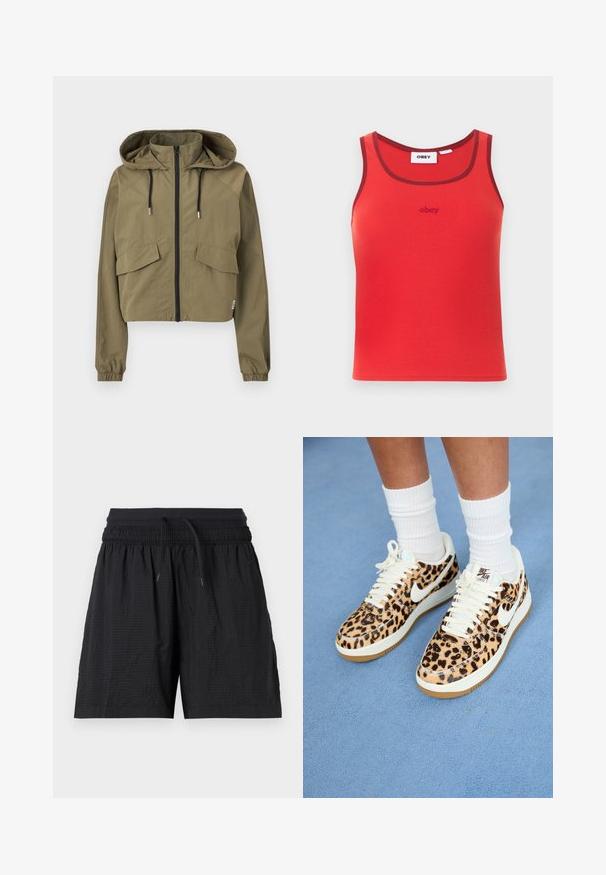 Kort jakke i olivengrøn med hætte, sorte snore, lynlås foran, klaplommer og elastiske manchetter på hvid baggrund.; Rød ærmeløs ribbet tank top med mørkerød kant og lille "obey" logo broderet centreret under halsudskæringen.; Sort tekstureret atletikshorts med elastisk taljebånd, justerbar snor og sidelommer, vist mod en hvid baggrund.; Leopardprint Nike Air Force 1 sneakers med hvide snørebånd og swoosh, med en tan gummisål og tekstureret overdel. Hvide crew-sokker synlige.