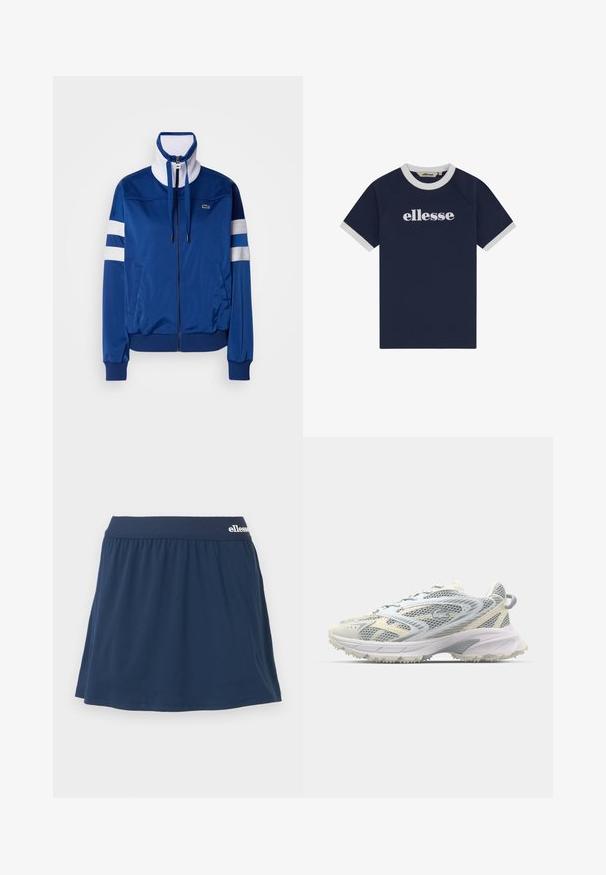 Chaqueta de chándal de poliéster azul con un cuello alto, cremallera frontal, acentos blancos y franjas. Presenta un logo en el lado izquierdo del pecho.; Camiseta azul marino de manga corta con cuello y puños blancos, con el logo "ellesse" centrado en el pecho en texto blanco.; Falda corta de tela suave en azul marino con una cinturilla elástica. Presenta un diseño fruncido y un pequeño logo en la cinturilla.; Zapatilla deportiva de malla en gris y crema, con parte superior texturizada, puntera reforzada y suela exterior de color claro y resistente para mayor tracción.
