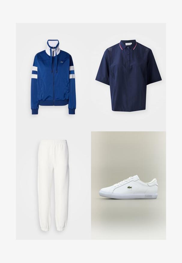 Blå polyester træningsjakke med høj krave, frontlynt og hvide accenter og striber. Feature et logo på venstre bryst.; Mørkeblå kortærmet polo shirt med knaplukning, kontrasterende krave med røde og hvide detaljer samt perforerede sider for åndbarhed.; Hvide sweatpants lavet af blød, strikket stof. Elastisk talje og manchetter giver en afslappet pasform. Minimalistisk design, ingen synlige mønstre eller accenter.; Hvide sneakers med lav hæl og hvide snørebånd, grønt krokodille-logo på siden og "Lacoste" mærke på sålen mod en neutral baggrund.