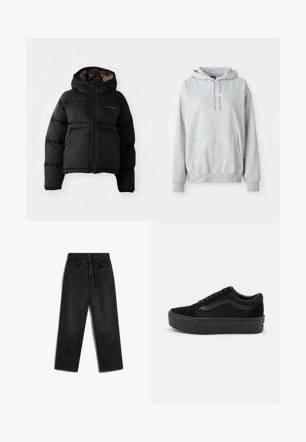Zwarte pufferjas met een capuchon, voorzien van een ritssluiting aan de voorkant, een gladde buitenkant en subtiele oranje logodetails op de borst.; Lichtgrijze hoodie met een voorzak in kangoeroestijl, capuchon met koord, ribgebreide manchetten en een klein wit "The North Face" logo op de borst.; Vans SIRELLE 5 POCKET PUDDLE TROUSERS, - Straight leg jeans - black; Zwarte sneaker gemaakt van suede en canvas, met een ronde neus, vlakke vetersluiting en een dikke rubberen zool met subtiele branding.