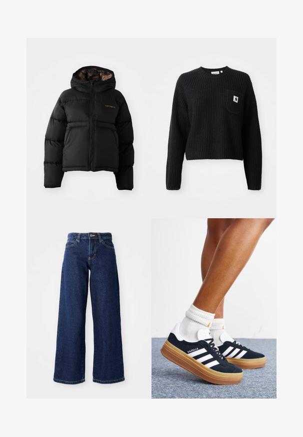 Schwarze Steppjacke mit Kapuze, vorne mit Reißverschluss, glatter Außenseite und dezentem Logo in Orange auf der Brust.; Schwarzer gerippter Strickpullover mit rundem Ausschnitt, langen Ärmeln und einer Fronttasche mit einem kleinen Logopatch. Verkürzte Länge.; Dunkelblaue weit geschnittene Jeans aus Denim, mit einem Knopf- und Reißverschluss, Gürtelschlaufen und klassischem Fünf-Taschen-Design.; Beine mit weißen Socken und schwarzen Adidas Gazelle Sneakers mit weißen Streifen und dicken braunen Sohlen auf einem grauen Teppichboden.