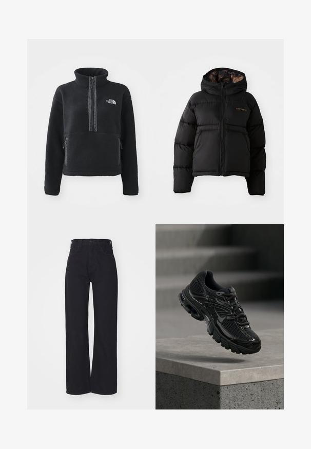 Doudoune noire avec capuche, dotée d'une fermeture éclair à l'avant, d'une surface extérieure lisse et d'un discret logo orange sur la poitrine.; Polaire noire à col montant, fermeture éclair au quart, poche avant et coutures contrastantes. Dispose du logo The North Face sur la poitrine.; Jeans noirs taille haute à jambes larges avec fermeture à bouton et zip à l'avant, passants de ceinture et deux poches avant sur fond blanc.; Chaussure de course noire Nike avec tige en mesh et synthétique flottant au-dessus d'une surface en béton avec des marches en arrière-plan.