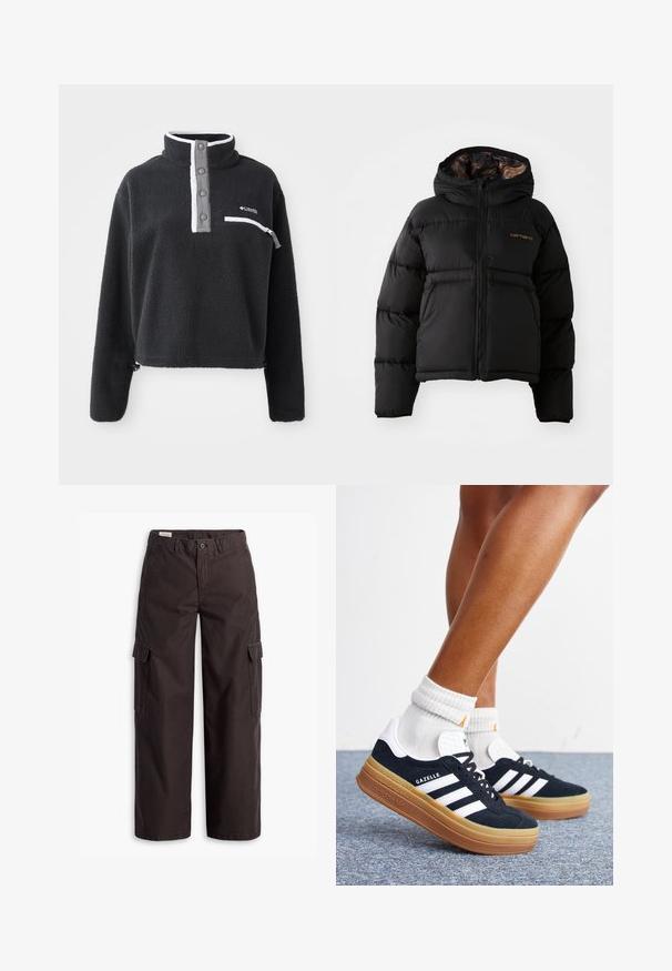 Zwarte pufferjas met een capuchon, voorzien van een ritssluiting aan de voorkant, een gladde buitenkant en subtiele oranje logodetails op de borst.; Zwarte fleece pullover met een ritskraag, voorzien van een borstzak en contrasterende witte en grijze accenten. Zachte textuur, cropped ontwerp.; Donkerbruine rechte cargobroek met zijflapzakken, knoopsluiting, riemlussen en ritssluiting aan de voorkant.; Ben met witte sokken en zwarte Adidas Gazelle sneakers met witte strepen en dikke bruine zolen op een grijs tapijt.