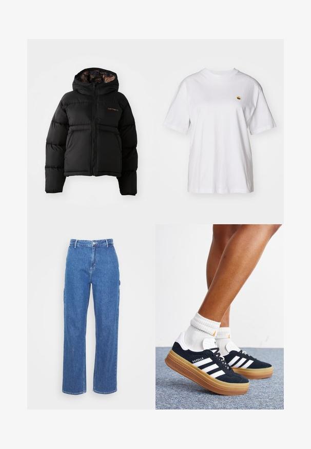 Sort dunjakke med hætte, med lynlås foran, en glat yderside og diskrete logodetaljer i orange på brystet.; Hvid bomulds-t-shirt med en afslappet pasform, korte ærmer og et lille broderet logo på venstre brystområde.; Blå denim bukser med høj talje og lige ben, der har en frontknaplukning og sidelommer. Glat tekstur uden synlige mønstre.; Ben iført hvide sokker og sorte Adidas Gazelle sneakers med hvide striber og tykke brune såler på et gråt tæppe.