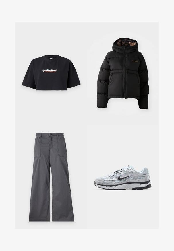 Chaqueta acolchada negra con capucha, con cremallera frontal, exterior liso y detalles sutiles de logo en naranja en el pecho.; Camiseta de cropped negra, de manga corta, hecha de algodón. En el frontal se muestra el logotipo "Quiksilver Boarding Company" en blanco y rojo.; Pantalones de pierna ancha grises con una textura suave, que cuentan con bolsillos frontales, un cierre de botón y detalles cosidos a lo largo de las costuras.; Zapatillas Nike P-6000 con parte superior de malla gris claro, acentos negros y suela de goma negra duradera. Presentan un diseño intrincado y un sistema de cordones.