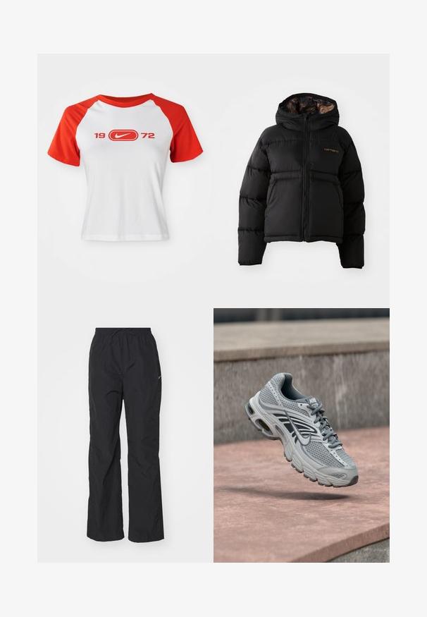 Čierna nadýchaná bunda s kapucňou, so zipsom vpredu, hladkým povrchom a jemným oranžovým logom na hrudi.; Nike tričko s bielym telom a červenými raglánovými rukávmi. Na prednej strane sa nachádza nápis "1972" a logo v červenej farbe. Vyrobené z hladkej jersey látky.; Čierne, ľahké nohavice s elastickým pásom a šnúrkou. Majú textúrovaný povrch a malú reflexnú nášivku na boku.; Svetlosivá a biela bežecká topánka Nike s dizajnom z oka, vznášajúca sa nad kamenným povrchom vonku.