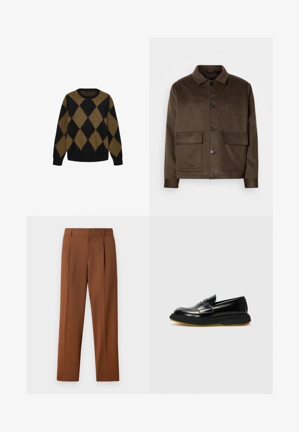 Brun uldblandingsjakke med klassisk krave, fire frontlomme, knaplukning og en glat tekstur. Slim fit-design.; Sort og brun argyle-mønster cardigan lavet af fluffy strikmateriale. Rund halsudskæring og lange ærmer; blød tekstur med en afslappet pasform.; Brune bukser med en glat, mat tekstur, der har en folder foran og lige ben. Lavet af letvægts, åndbart stof.; Sorte læder loafers med et struktureret design, der har en forhøjet frontpanel, stikninger og en tyk, tekstureret gummisål.