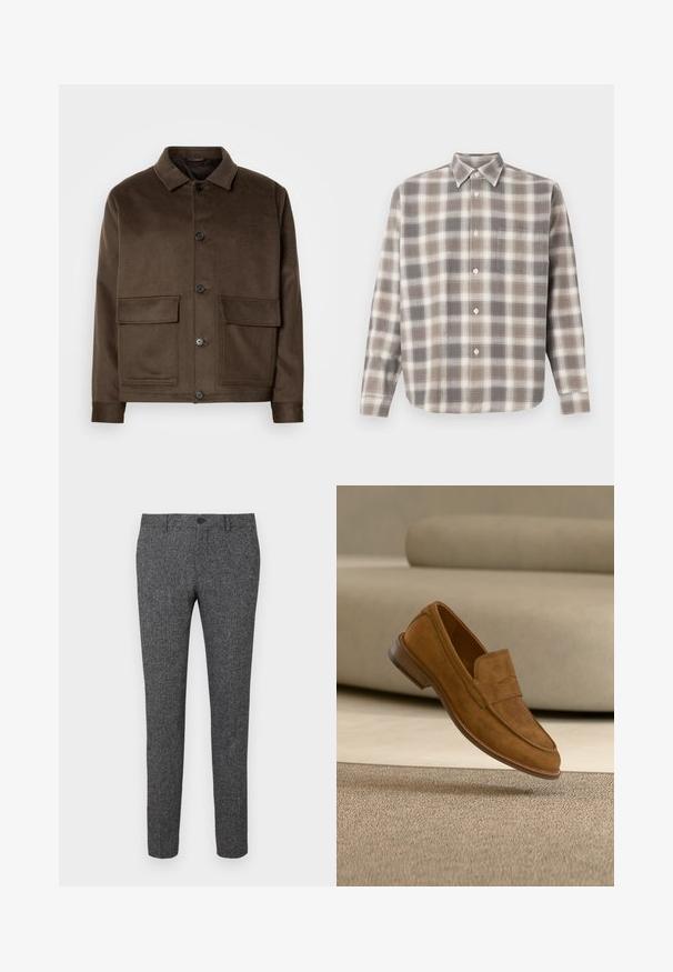 Veste en mélange de laine marron avec un col classique, quatre poches avant, une fermeture à boutons et une texture lisse. Design ajusté.; Chemise à manches longues à boutons avec un motif en plaid beige, gris et blanc, et une poche sur la poitrine, présentée à plat sur un fond blanc.; Lindbergh PANTS - Pantalon classique - black; Mocassin pour homme en daim marron flottant au-dessus d'un tapis beige avec un canapé beige assorti en arrière-plan.