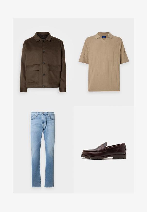 Brun uldblandingsjakke med klassisk krave, fire frontlomme, knaplukning og en glat tekstur. Slim fit-design.; Jack & Jones Knitted Plain Knitted - Poloshirts - silver sage; Lyseblå denimjeans med en lige pasform, fem-lommer design og knaplukning ved taljen. Glat tekstur med let falmning.; Brune læder loafer med en mokkasinstil overdel, tekstureret syning og en robust sål med multidirektionale dæk.