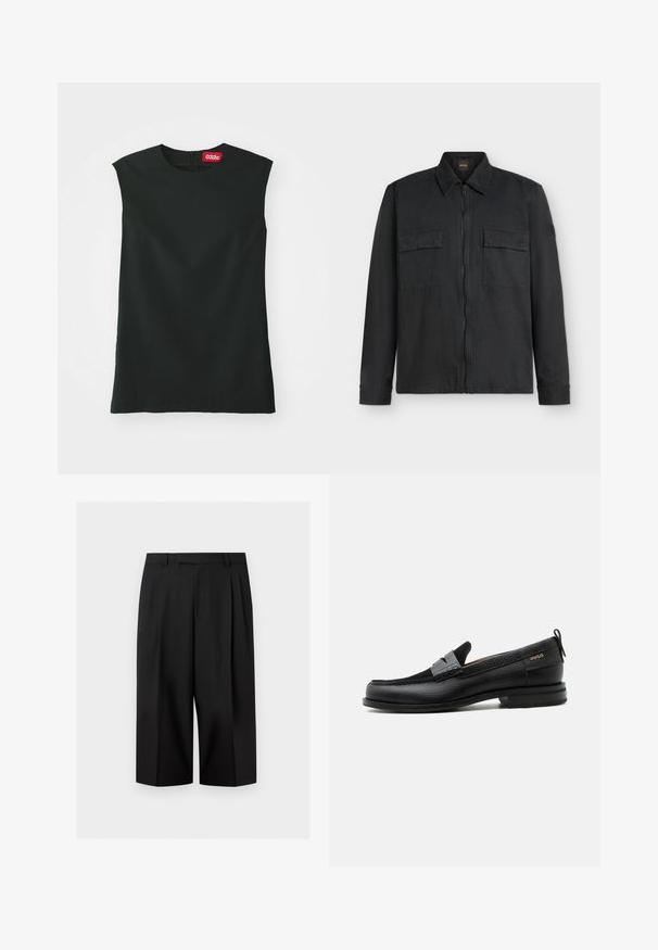 Veste noire à manches longues avec fermeture éclair devant, deux poches poitrine boutonnées et un col montant sur fond blanc.; Un haut sans manches noir avec un col rond, en tissu lisse, et une fermeture éclair au dos. Il présente une petite étiquette rouge avec le logo "032c" au niveau du cou.; Pantalon noir à jambes larges et courtes avec passants de ceinture et plis avant, présenté sur un fond clair uni.; Mocassin en cuir noir avec détail de bride grise, talon bas et semelle texturée, marqué "HUGO" en or sur le côté.