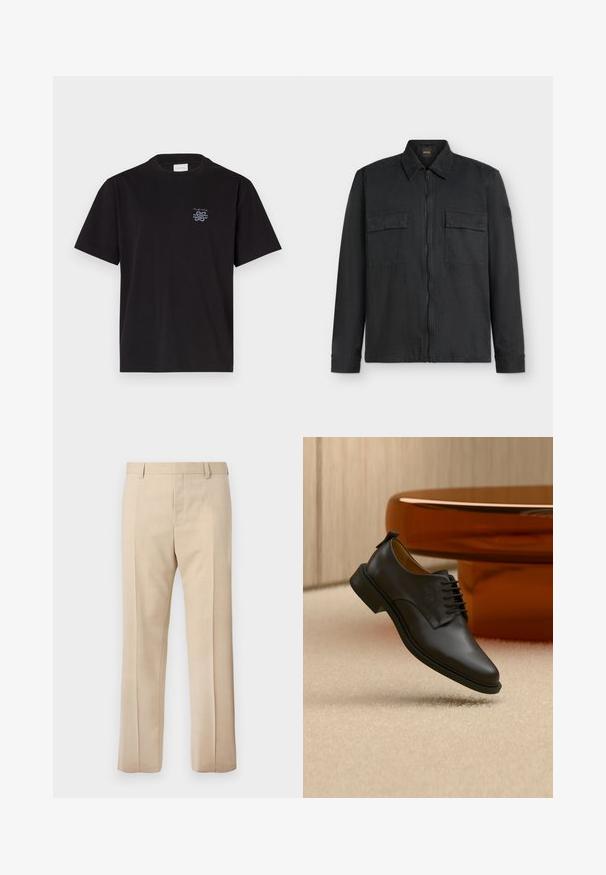 Schwarze Langarmjacke mit Frontreißverschluss, zwei mit Knöpfen verschließbaren Brusttaschen und Stehkragen auf weißem Hintergrund.; Schwarzes Baumwoll-T-Shirt mit Rundhalsausschnitt und kurzen Ärmeln. Mit einem kleinen blauen Logo auf der linken Brust. Einfaches, gerade geschnittenes Design.; Beige, maßgeschneiderte Anzughose mit Gürtelschlaufen, Bügelfalte vorne und verdecktem Reißverschluss, vor neutralem Hintergrund präsentiert.; Schwarzer Herrenschuh aus Leder mit Schnürung, schwebt über einem beigen Teppich, im Hintergrund ein brauner runder Kaffeetisch.