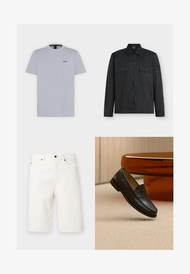 Veste noire à manches longues avec fermeture éclair devant, deux poches poitrine boutonnées et un col montant sur fond blanc.; T-shirt gris clair à manches courtes avec col rond et petit logo noir « BOSS » sur la poitrine gauche.; Short en denim blanc avec bouton et fermeture éclair à l'avant, passants pour ceinture et design à cinq poches, présenté sur un fond uni.; Chaussure mocassin en cuir noir suspendue au-dessus d’un tapis beige avec du mobilier moderne couleur ambre en arrière-plan.