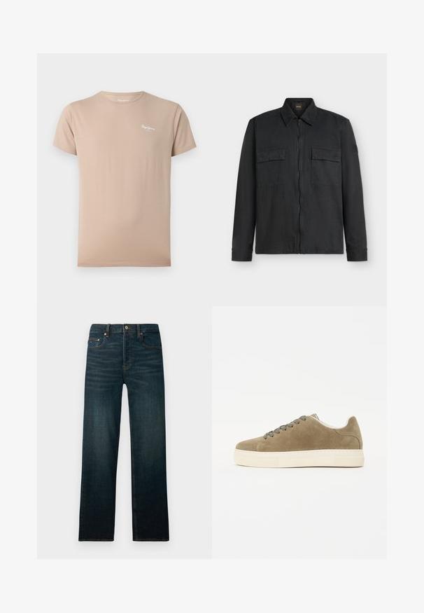Veste noire à manches longues avec fermeture éclair devant, deux poches poitrine boutonnées et un col montant sur fond blanc.; T-shirt beige manches courtes à col rond avec petit logo blanc « Pepe Jeans » sur la partie haute gauche de la poitrine.; Jean en denim bleu foncé avec une coupe droite, un design à cinq poches et des coutures contrastées, doté d'une fermeture à bouton et à glissière.; Baskets en suède vert olive avec une texture lisse, dotées d'une semelle en caoutchouc blanche, de coutures discrètes et de lacets gris. Design à bout rond.