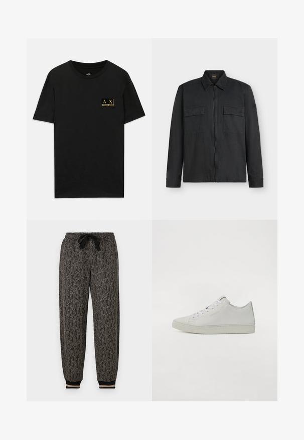 Schwarze Langarmjacke mit Frontreißverschluss, zwei mit Knöpfen verschließbaren Brusttaschen und Stehkragen auf weißem Hintergrund.; Schwarzes Baumwoll-T-Shirt mit Rundhalsausschnitt. Verfügt über ein kleines goldfarbenes Logo-Patch auf der linken Brust mit dem Text "AX Armani Exchange". Klassische Passform.; Gemusterte Jogginghose in Schwarz und Beige, mit einem elastischen Bund und Kordelzug, gerippten Bündchen und einem geometrischen Design über die gesamte Hose.; Weiße Leder-Sneaker mit einem Low-Top-Design, runden Schnürsenkeln, minimaler Naht und einer strukturierten Gummisohle.