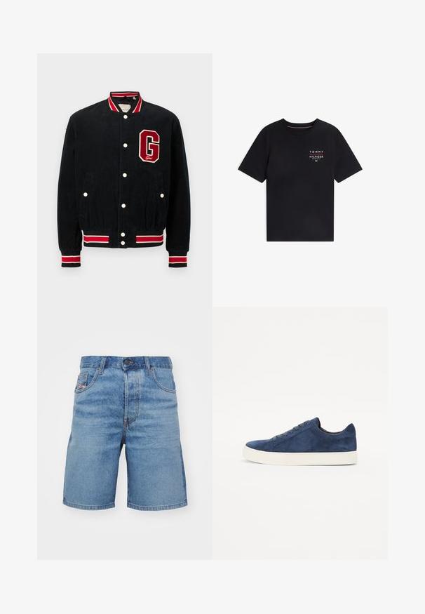 Marineblå corduroyd bomberjakke med røde og hvide ribbede detaljer, trykknapper og et rødt filt "G" patch på venstre bryst.; Sort T-shirt med korte ærmer og rund hals med lille hvid og rød Tommy Hilfiger-logo og tekst på venstre bryst.; Lyseblå denimshorts med klassisk pasform, let falming, fem lomme-design og syninger i kobberfarve. Har en frontlukning med knap.; Marineblå ruskinds sneakers med rund tå, fem snørrehuller, hvid gummisål og minimalistisk design. Glat overflade, uden synlige mønstre.