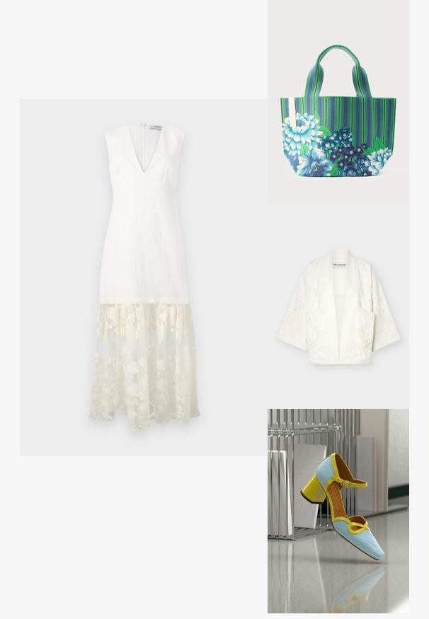 Witte kimono jas met open voorkant, brede mouwen en subtiele bloemenborduursel, met een voorzak en een "lollys laundry" label aan de binnenkant.; Witte linnen jurk met een v-hals, korte mouwen en een doorzichtige geborduurde kantzoom. Voorzien van een ritssluiting aan de achterkant. Elegante, gestructureerde vorm.; Blauwe geperforeerde leren schoen met gele lakleren biezen, enkelbandje en blokhak. Voorzien van een spitse neus en uitsnijdingen in het ontwerp.; Tote tas met groene en blauwe verticale strepen, met grote blauw-witte bloemmotieven en twee korte handvatten.