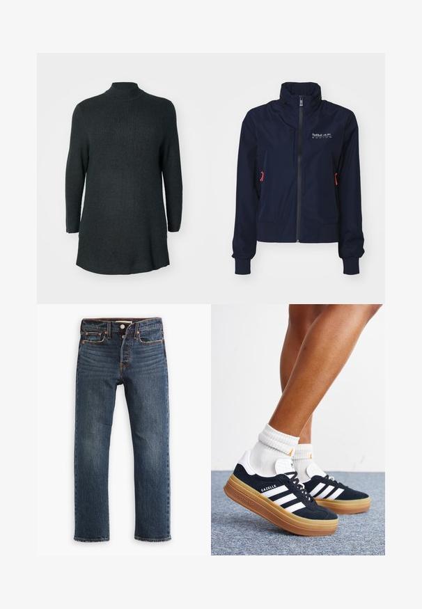 Donkerblauwe windbreakerjack met een hoge kraag, een rits aan de voorkant, elastische manchetten en rode accenten. Logo op de boven linker borst.; Donkergroene, geribbelde gebreide langemouwen tuniek met een hoge halslijn en een relaxte pasvorm. Beschikt over een rechte zoom en zijsplitten aan de onderkant.; Donkere blauwe spijkerbroek met een rechte pijp. Voorzien van voorzakken, een knoopsluiting en zichtbare stikaccenten. Versleten textuur.; Ben met witte sokken en zwarte Adidas Gazelle sneakers met witte strepen en dikke bruine zolen op een grijs tapijt.