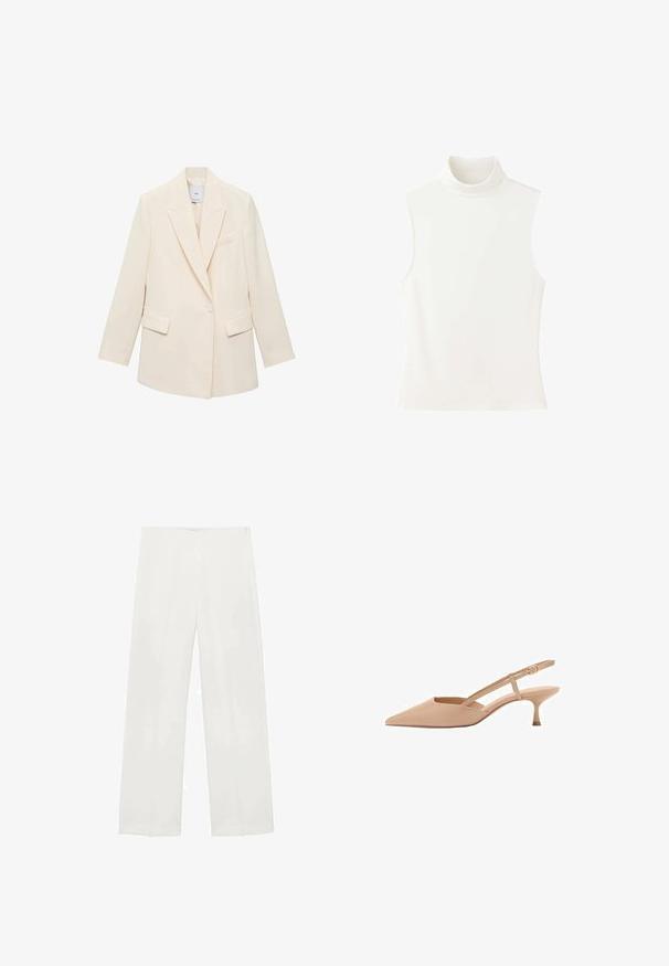 Cremfarbener, taillierter Blazer mit einem einzigen Knopfverschluss, Reverskragen, zwei Frontal-Taschen und einer schmalen Silhouette. Glattes, strukturiertes Material.; Ärmelloses weißes Rollkragentop mit figurbetontem Schnitt und hohem Ausschnitt, dargestellt vor weißem Hintergrund.; Weite Hosen aus weißem Stoff mit glatter Textur, klaren Linien und einem subtilen Glanz, ohne sichtbare Beschläge oder Muster.; Spitze nude Slingback-Absätze mit niedrigem Kitty-Freilauf, aus glänzendem Material, mit einem schlanken Riemen und verstellbarer Schnalle.
