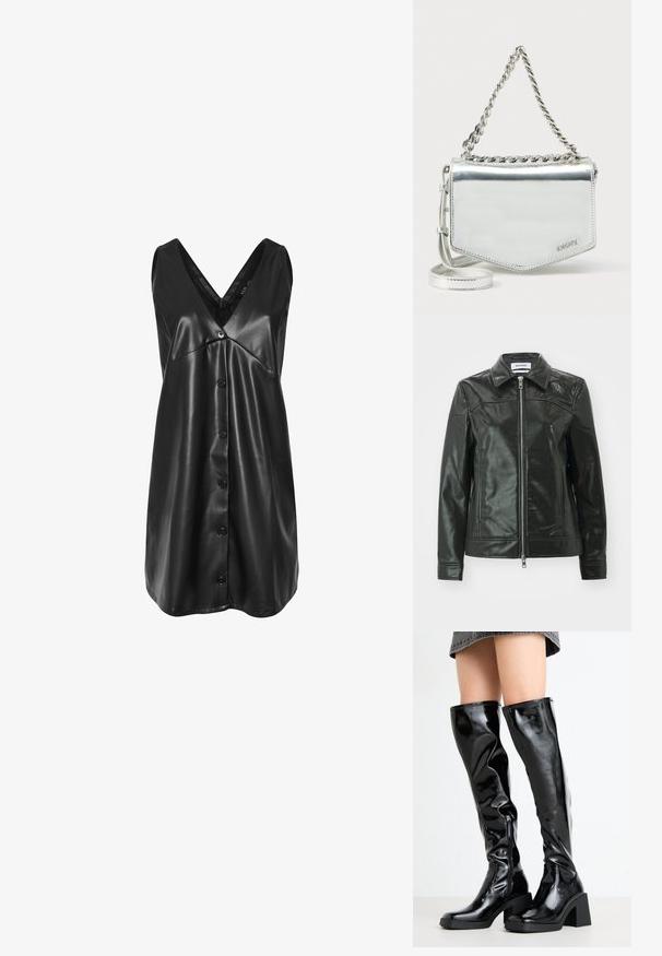 Chaqueta de cuero negro con un acabado brillante, cierre de cremallera en la parte delantera y collar puntiagudo. Presenta bolsillos laterales y detalles de costura en los hombros.; Vestido negro sin mangas de cuero sintético con escote en V, botonadura en la parte frontal y dobladillo ligeramente acampanado.; Botas negras, brillantes, hasta la rodilla, con punta cuadrada y tacón grueso. Cuentan con un cierre lateral y un diseño ajustado y texturizado.; Bolso bandolera metálico plateado con correa de cadena, forma geométrica, textura suave y detalle de logo. Cuenta con cierre de cremallera y costura decorativa.