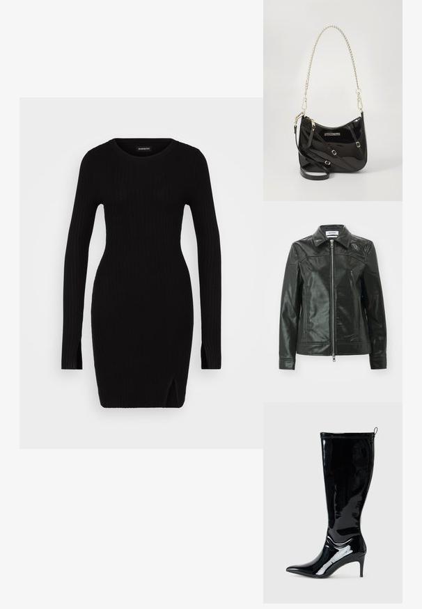 Chaqueta de cuero negro con un acabado brillante, cierre de cremallera en la parte delantera y collar puntiagudo. Presenta bolsillos laterales y detalles de costura en los hombros.; Vestido de punto negro con canalé, mangas largas, escote redondo, aberturas laterales y silueta ajustada, que muestra una textura suave y un diseño minimalista.; Bota de cuero charol negra hasta la rodilla con punta afilada y un tacón alto y delgado. Cuenta con un cierre zip en la parte trasera y una textura lisa y brillante.; Bolso cruzado de cuero sintético negro con forma curvada, correa de cadena plateada, herrajes en tono dorado y correa de hombro ajustable.