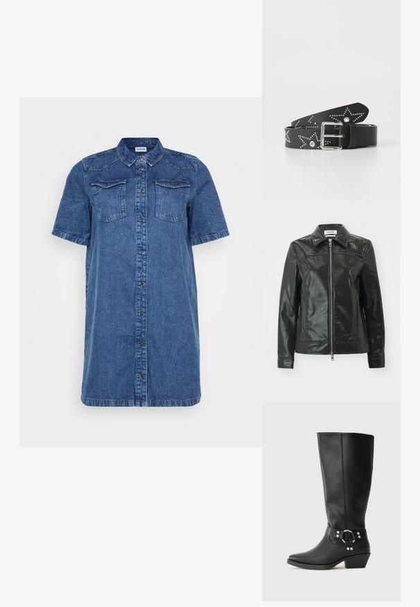 Sort læderjakke med en skinnende finish, lynlås foran og spidse kraver. Har sidelommer og stikninger på skuldrene.; Denim skjortekjole i mørkeblå, med korte ærmer, to brystlommer, knaplukning foran og lige snit.; Sorte læderknæhøje støvler med spids tå, der har en dekorativ ankelrem og sølvfarvede hardware-detaljer. Lav stablet hæl.; Sort læderbælte med stjerneformede nitter, sølvfarvet spænde og en glat tekstur. Designet med dekorative huller langs remmen.