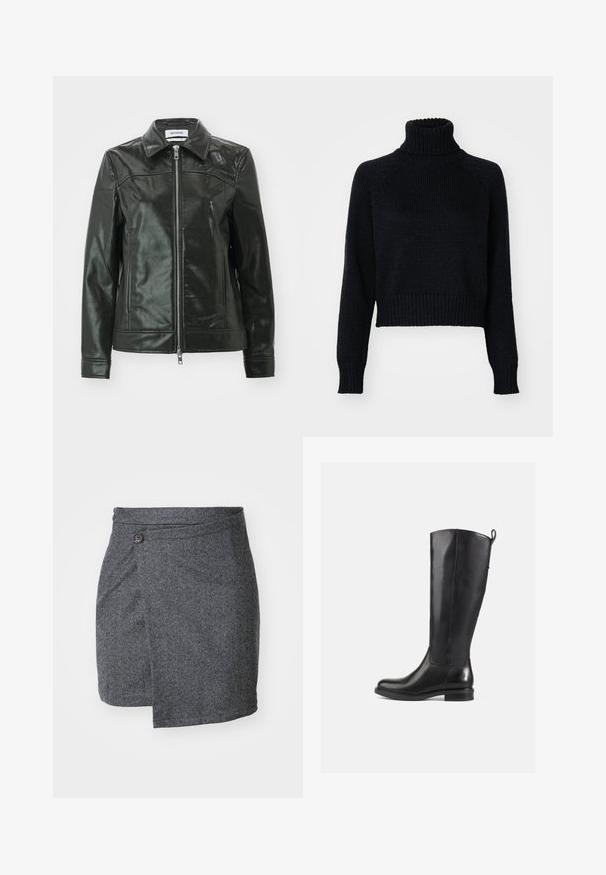 Sort læderjakke med en skinnende finish, lynlås foran og spidse kraver. Har sidelommer og stikninger på skuldrene.; Mørk strikket turtleneck sweater med et cropped design, der har ribbede manchetter og kant, samt en tekstureret vævning gennem hele. ; Grå hørskærende omslagsskal lavet af struktureret uldstof, med en enkelt knaplukning i taljen og en asymmetrisk kant.; Knæhøje sorte læderstøvler med en glat finish, rund tå, lav hæl og en flap bagpå. Minimalistisk design uden synlige mønstre.