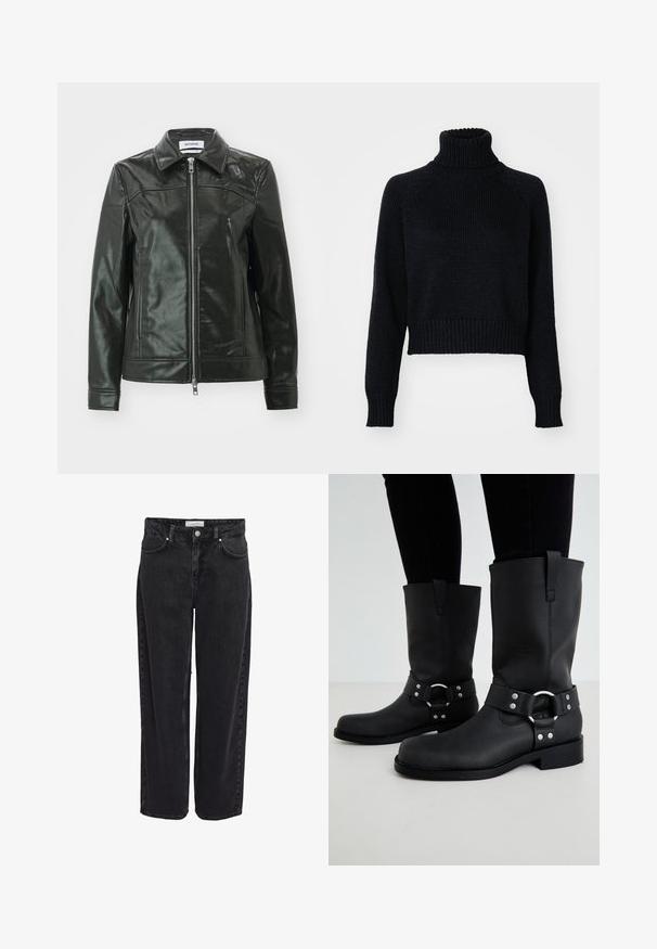 Sort læderjakke med en skinnende finish, lynlås foran og spidse kraver. Har sidelommer og stikninger på skuldrene.; Mørk strikket turtleneck sweater med et cropped design, der har ribbede manchetter og kant, samt en tekstureret vævning gennem hele. ; Sort denim bukser med vide ben og høj talje, fem-lomme design og lynlåsgylp. Glat tekstur med minimale synlige syningsdetaljer.; ONLY SHOES ONLBAX - Cowboy- / bikerstøvler - black