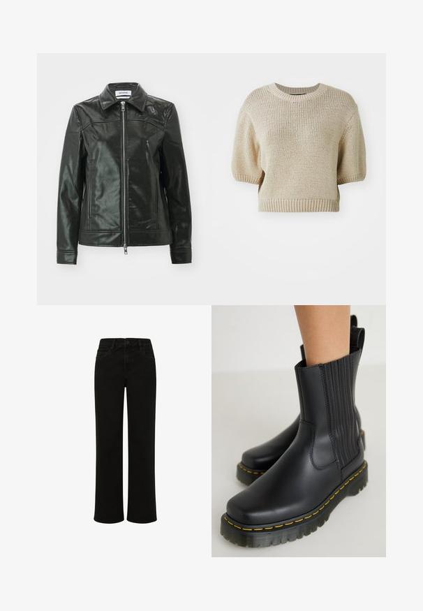 Sort læderjakke med en skinnende finish, lynlås foran og spidse kraver. Har sidelommer og stikninger på skuldrene.; Beige strikket kortærmet sweater med rund hals. Har en struktureret pasform med tekstureret, løst væv og ribbede kanter.; Sorte denim straight-leg jeans med høj talje, der har frontlommer, knaplukning og rene linjer uden pynt.; Sorte ankelstøvler med en glat, mat overflade. Har lodret syning, en kraftig sål med gul syning og en trækflig bagpå.