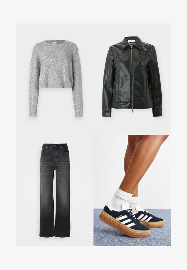 Sort læderjakke med en skinnende finish, lynlås foran og spidse kraver. Har sidelommer og stikninger på skuldrene.; Sølvfarvet cropped sweater med lange ærmer; fuzzy tekstur og let skinnende materiale. Rund halsudskæring, minimal ekstra detaljering.; Sorte afslappede jeans med høj talje, fem lommer, knaplukning og en subtil falmet tekstur. Tyk stof med en struktureret pasform.; Ben iført hvide sokker og sorte Adidas Gazelle sneakers med hvide striber og tykke brune såler på et gråt tæppe.
