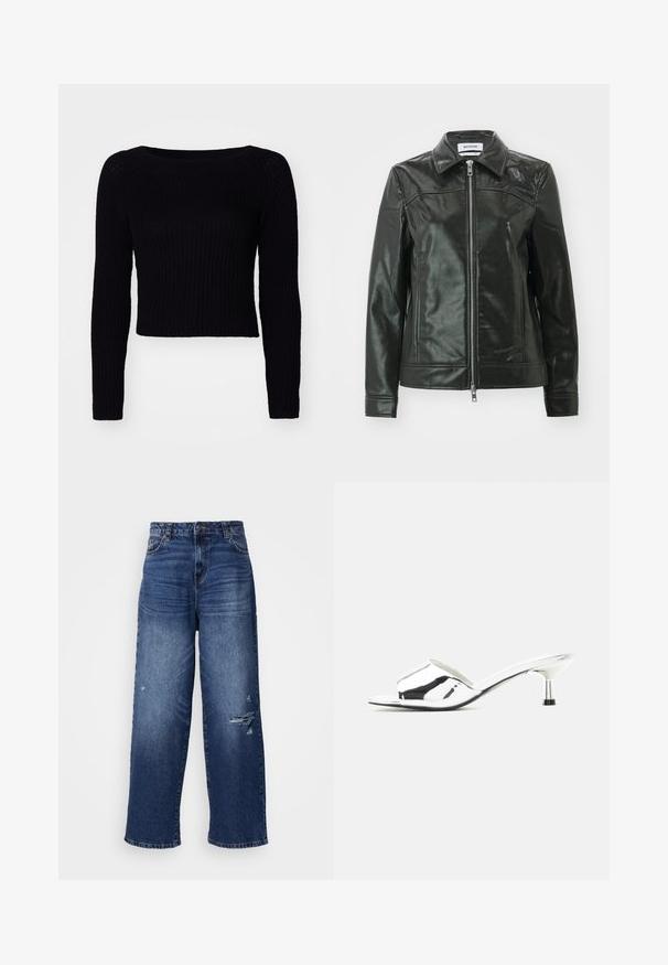 Veste en cuir noir avec une finition brillante, fermeture éclair à l'avant et col pointu. Comprend des poches latérales et des détails en couture sur les épaules.; Pull en tricot noir à manches longues avec une texture côtelée et une encolure large ; longueur cropped avec des détails de couture subtils sur les manches.; Jean en denim bleu à jambe large avec un design usé, comportant des bords effilochés et des sections décolorées, offrant une coupe décontractée et un look classique.; Sandale argentée à bout ouvert, mule avec petit talon kitten et finition métallique brillante sur fond neutre.