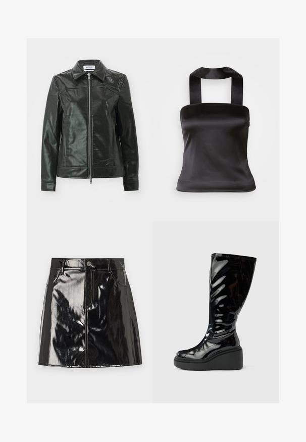 Veste en cuir noir avec une finition brillante, fermeture éclair à l'avant et col pointu. Comprend des poches latérales et des détails en couture sur les épaules.; Top en satin noir avec un décolleté carré et de larges bretelles qui se nouent à l'arrière. Texture lisse et coupe ajustée pour une silhouette élégante.; Mini-jupe en vernis noir avec une finition brillante, dotée d'une fermeture à bouton, de passants de ceinture et de poches avant pour un détail supplémentaire.; Botte noire brillante montant jusqu'aux genoux avec une texture lisse, un bout arrondi et une semelle plateforme épaisse. Présente un design de vague subtil sur la tige.