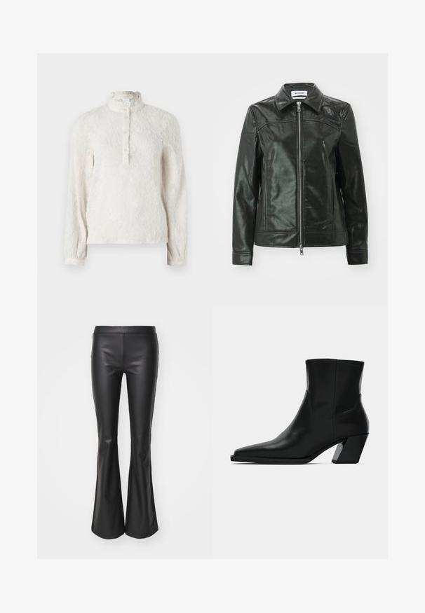 Veste en cuir noir avec une finition brillante, fermeture éclair à l'avant et col pointu. Comprend des poches latérales et des détails en couture sur les épaules.; Blouse blanche à manches longues avec une surface texturée, un col volanté et une patte de boutonnage. Présente un subtil motif floral sur l'ensemble.; Pantalons évasés en simili cuir noir avec une texture lisse et une taille élastique ; ajustés au niveau des cuisses avant de s'évaser en bas.; Bottine en cuir noir avec un bout pointu, une silhouette élégante et un talon carré massif. Texture lisse avec des détails de couture minimalistes.