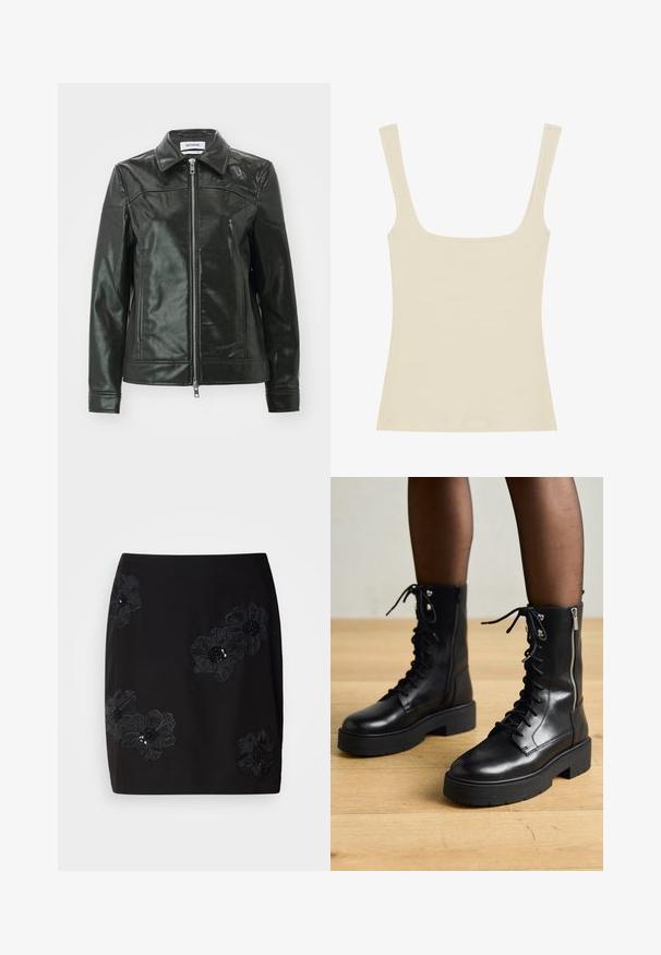 Sort læderjakke med en skinnende finish, lynlås foran og spidse kraver. Har sidelommer og stikninger på skuldrene.; Ribbet tanktop i lys beige med firkantet halsudskæring og tynde skulderstropper, lavet af blødt og strækbart stof.; Sort nederdel med blomsterbroderi i sort, med palietdetaljer på blomsterne. Designet med en lige skæring og en længde midt på låret.; Sorte læder snørebåndsstøvler med kraftige såler, sidelukning med lynlås og metaløjer. Glat overflade med varieret tekstur på skaftet.