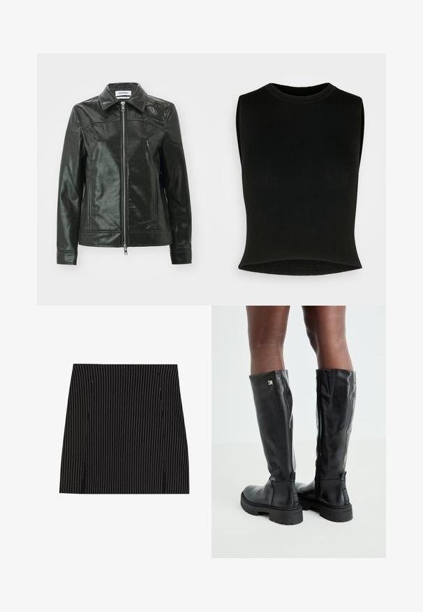 Sort læderjakke med en skinnende finish, lynlås foran og spidse kraver. Har sidelommer og stikninger på skuldrene.; Sort ærmeløs ribbet crop top med rund hals; glat tekstur og tætsiddende design. Ideel til lagdeling eller som enkeltstående beklædning.; Sort nederdel med lodrette hvide striber, der har et lige design og små slidser i kanten. Glat tekstur, skræddersyet pasform.; Sorte knæhøje læderstøvler med en glat overflade, rund tå, kraftig sål og lynlåslukning. Har sølvlogo på siden.