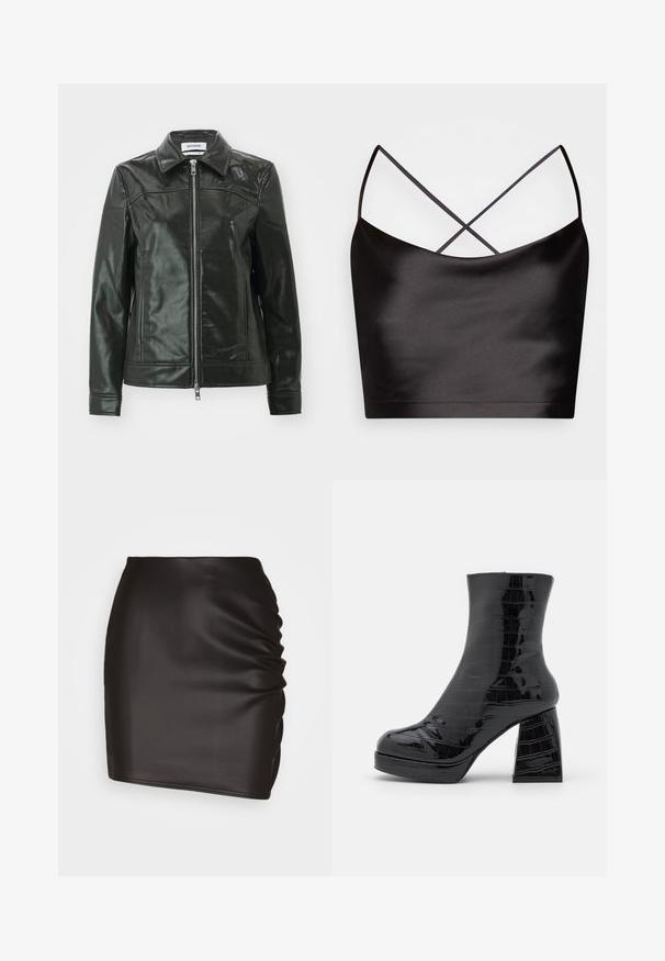 Sort læderjakke med en skinnende finish, lynlås foran og spidse kraver. Har sidelommer og stikninger på skuldrene.; Even&Odd by Zalando Top - black; Sort mini skirt lavet af glat syntetisk materiale, med rynket detaljer på den ene side og en tætsiddende silhuet.; Even&Odd by Zalando Plateaustøvletter - black