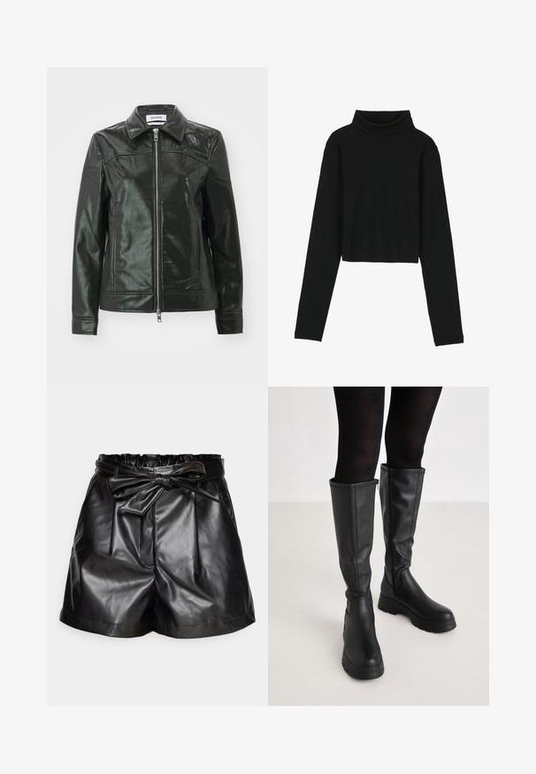 Sort læderjakke med en skinnende finish, lynlås foran og spidse kraver. Har sidelommer og stikninger på skuldrene.; Even&Odd by Zalando Langærmet T-shirt - black; Sorte faux læder shorts med elastisk taljebånd, en bundet bælte, plisseringer og sidelommer. Glat tekstur og skræddersyet pasform.; Even&Odd by Zalando Plateaustøvler - black