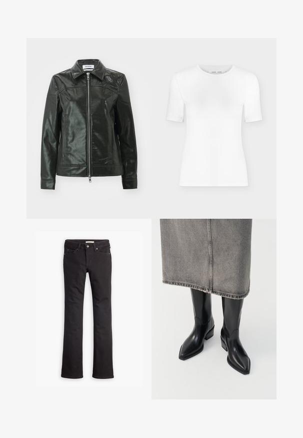 Sort læderjakke med en skinnende finish, lynlås foran og spidse kraver. Har sidelommer og stikninger på skuldrene.; Hvid T-shirt med rund hals, korte ærmer, slank pasform og ribbet stofstruktur, vist på en ensfarvet lys grå baggrund.; Sorte jeans lavet af denim, med lige ben-design, standard talje, fem lommer og diskrete syninger.; Sorte læder cowboy støvler med spids tå og kraftig hæl, der har en glat finish og slankt design, parret med en grå nederdel.