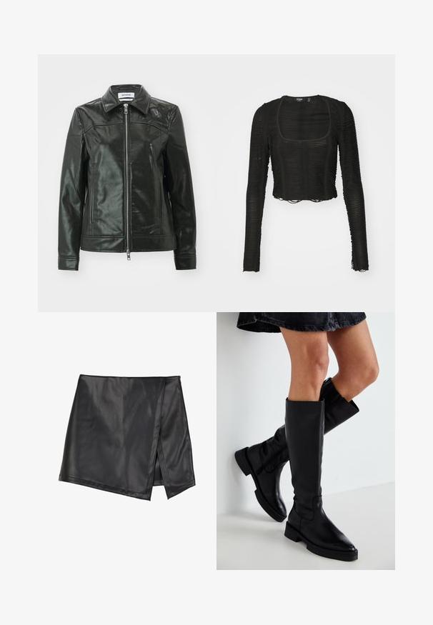 Veste en cuir noir avec une finition brillante, fermeture éclair à l'avant et col pointu. Comprend des poches latérales et des détails en couture sur les épaules.; Haut court à manches longues noir avec un décolleté carré, présentant un design texturé en côtes et des détails à l'ourlet brut. Tissu transparent et léger.; Even&Odd by Zalando Minijupe - black; Bottes noires en cuir montantes avec un bout pointu, une semelle plate et des coutures minimales. Texture lisse et design simple sans ornement.
