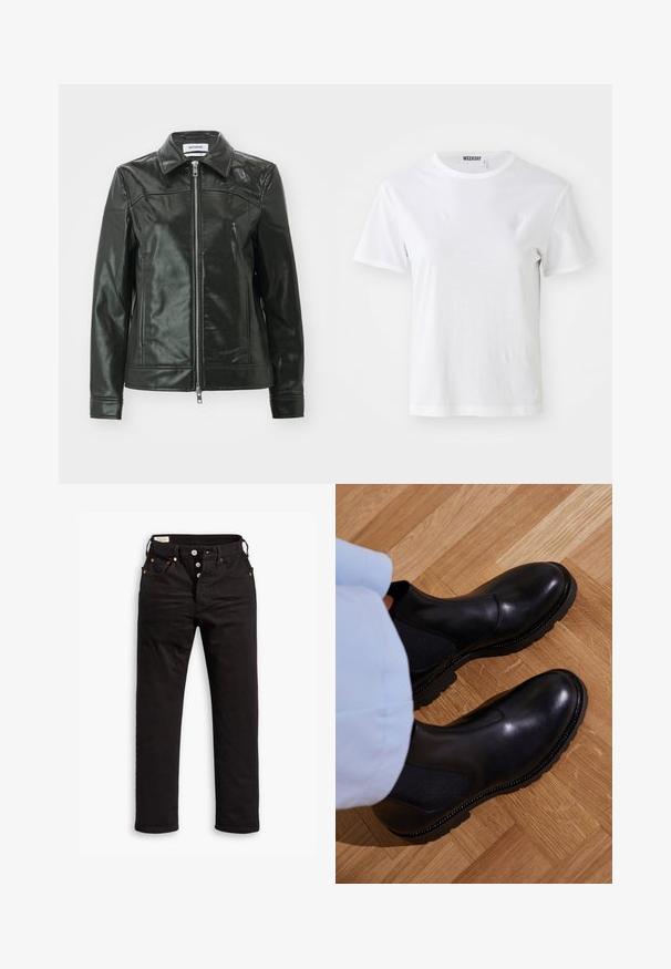 Chaqueta de cuero negro con un acabado brillante, cierre de cremallera en la parte delantera y collar puntiagudo. Presenta bolsillos laterales y detalles de costura en los hombros.; Camiseta blanca de manga corta hecha de una tela suave. Cuenta con un escote redondo y un corte recto, con una etiqueta en el cuello interior.; Vaqueros negros de pierna recta con cierre de botón, bolsillos delanteros y traseros, y detalles de remaches de cobre sobre un fondo blanco.; Botas negras de tobillo hechas de cuero suave con paneles laterales elásticos, una suela de goma texturizada y costuras en contraste a lo largo del borde.