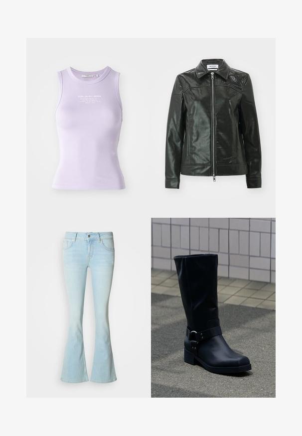 Veste en cuir noir avec une finition brillante, fermeture éclair à l'avant et col pointu. Comprend des poches latérales et des détails en couture sur les épaules.; Débardeur lilas à côtes avec une coupe ajustée, encolure ronde et impression du logo en blanc sur le devant. Texture douce et design sans manches.; Jean évasé à effet délavé clair en tissu denim avec une taille haute, doté d'une fermeture à boutons sur le devant et conçu avec cinq poches.; Botte en cuir noire mi-mollet avec un petit talon bloc et une bride décorative avec boucle métallique autour de la cheville, sur un trottoir carrelé.