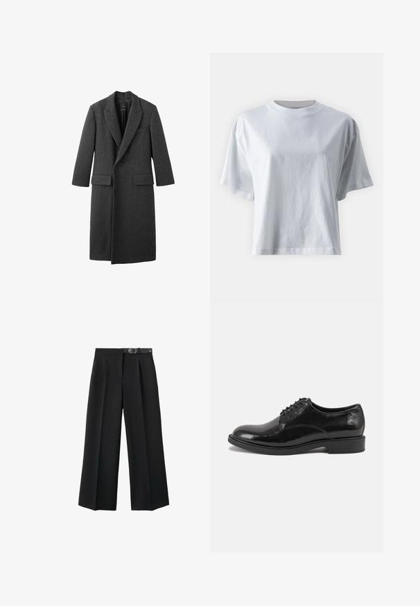 Mørkebrun uldfrakke med reverskrave, to forlommer og en enkelt knaplukning. Lige skæring med lange ærmer.; IVY OAK IOKYLA - T-shirts basic - bright white; Sorte brede bukser lavet af vævet stof, med en belagt talje, folder og en glat overflade.; Sort lædersko med en blank finish, rund tå og snørebåndsdesign. Har en lav stablet hæl og diskrete syninger.