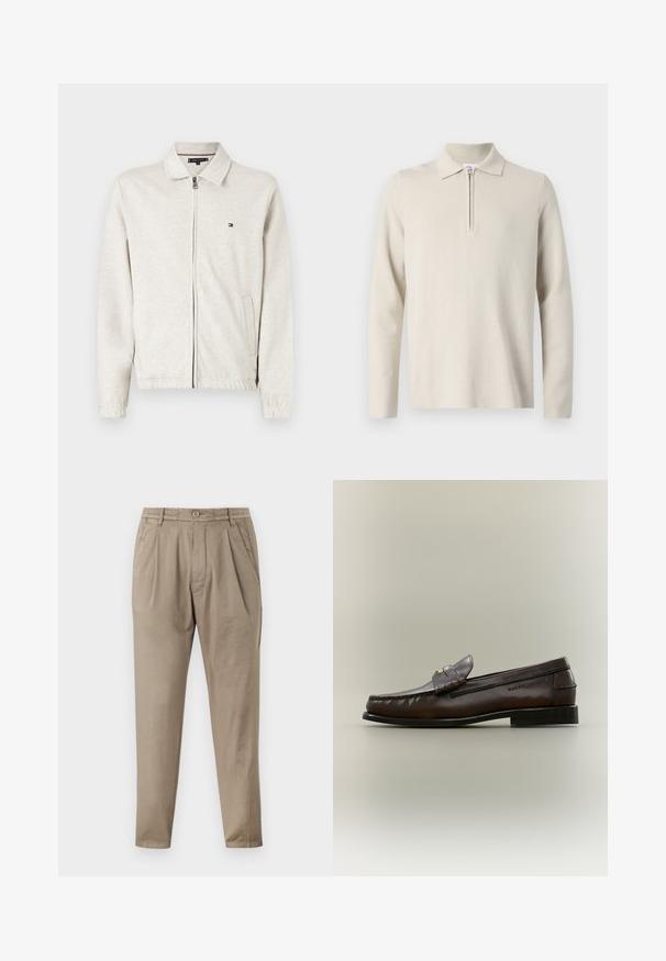 Veste zippée gris clair avec un col pointu, des manches longues et des poches latérales. Présente un petit logo sur la poitrine. Texture lisse.; Polo à manches longues de couleur crème avec une fermeture éclair au col, fabriqué en tissu doux et texturé, avec une coupe classique et un design minimaliste.; Pantalons beige en tissu doux, dotés d'une coupe décontractée, d'un devant plissé, d'une taille élastique et de jambes fuselées.; Mocassin en cuir marron foncé avec un petit talon noir, coutures mocassin et une bride décorative sur le dessus.