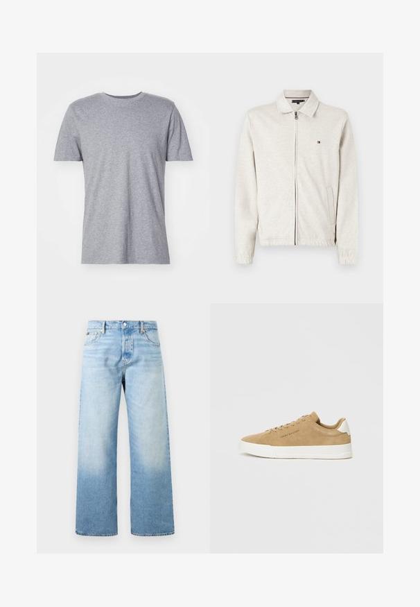 Lysegrå lynlåssweatshirt med spids krave, lange ærmer og sidelommer. Har en lille logo på brystet. Glat tekstur.; Grå, kortærmet t-shirt lavet af en bomuldsblanding, der har en klassisk crew neckline og en glat, blød tekstur.; Lyseblå denimjeans med høj talje, lige brede ben, forlommer samt knap- og lynlåslukning.; Beige ruskinds sneakers med en hvid gummisål, rund tå, flade snørebånd og et diskret logo på siden. Glat tekstur og minimalistisk design.