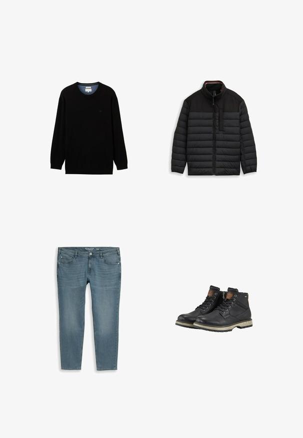 Sort quiltet jakke med vandret syning, fuld lynlås foran, stående krave og brystlomme med lynlås.; Sort langærmet sweater lavet af ribbet materiale med rund halsudskæring. Har et subtilt logo på brystet og en kontrasterende indvendig krave.; Blå denimjeans med lommer foran og bagpå, bæltestropper, knaplukning og let falmning på lår og knæ. Størrelse 40/34.; Sorte læder snørebånd ankle boots med beige gummisåler, lynlås i siden og brune detaljer på kraven og tungen.