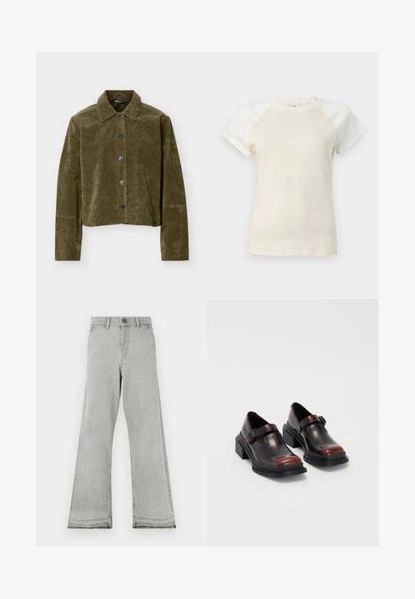 Olivengrøn ruskindsjakke cropped med lange ærmer, spids krave og fem mørke knapper ned foran.; Kortærmet creme T-shirt med off-white raglanærmer og rund hals på ensfarvet baggrund.; Lysegrå flared jeans lavet af denim, med knaplukning, en lige linning og en let slidt tekstur ved kanterne.; Læder sko med blokhæl i en blank mørk burgunderrød finish, med en spænde rem og rund tå design. Struktureret ydersål for bedre greb.