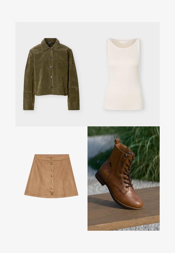 Olivgrüne Wildlederjacke in Kurzform mit langen Ärmeln, spitzem Kragen und fünf dunklen Knöpfen vorne.; Cremefarbener, gerippter ärmelloser Tanktop mit rundem Ausschnitt, Label "Moss Copenhagen" sichtbar im Krageninneren.; Beiger Wildleder-Minirock mit ausgestellt Design, Frontknopfverschluss mit Messingbeschlägen und gestickten Details.; Brauner Leder-Stiefelette mit seitlichem Reißverschluss und Schnürsenkeln, auf einer Holzoberfläche im Freien platziert, mit unscharfem Grün im Hintergrund.